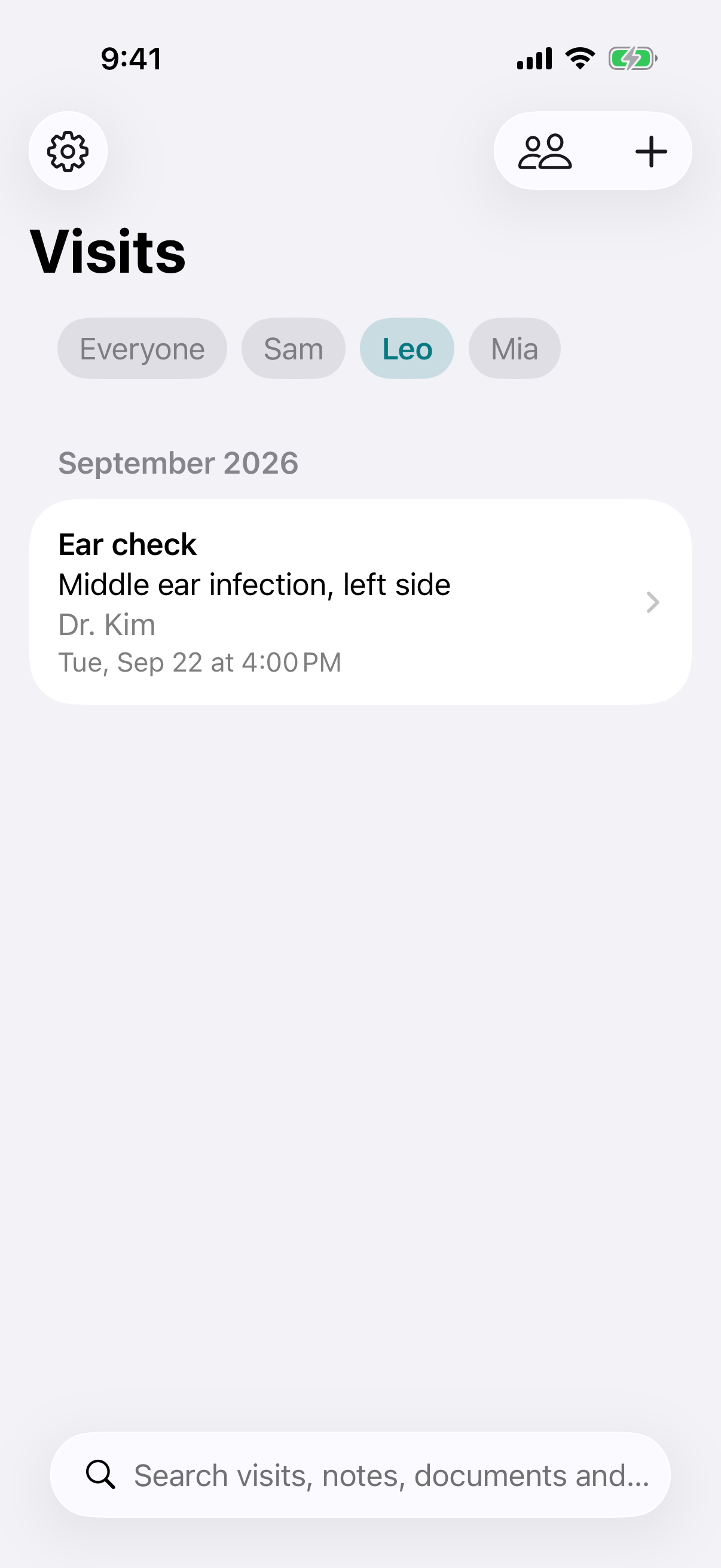 WellHeard on iPhone showing one child's visits, with his diagnosis, and buttons to switch between family members.